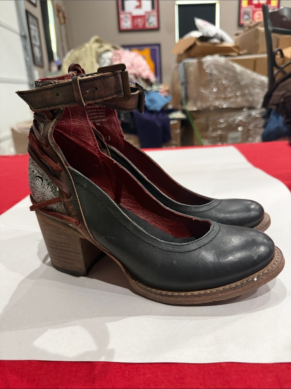 Freebird by Steven Black Leather Block Heel Ankle-Strap Pumps with Red Lining